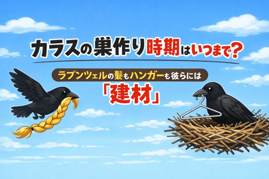 カラスの巣作り時期はいつまで？ラプンツェルの髪もハンガーも彼らには「建材」